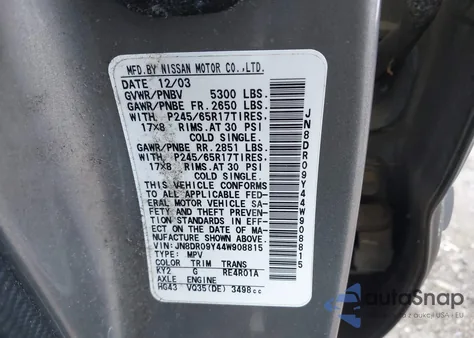 2004 Nissan Pathfinder Le Platinum from USA, damaged, VIN JN8DR09Y44W908815